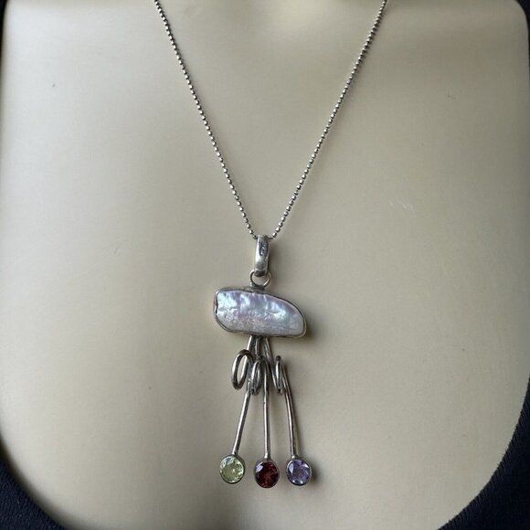VTG Pendant Necklace 18" Baroque‎ Pearl Sterling Silver Green Peridot Red Garnet - Picture 4 of 9